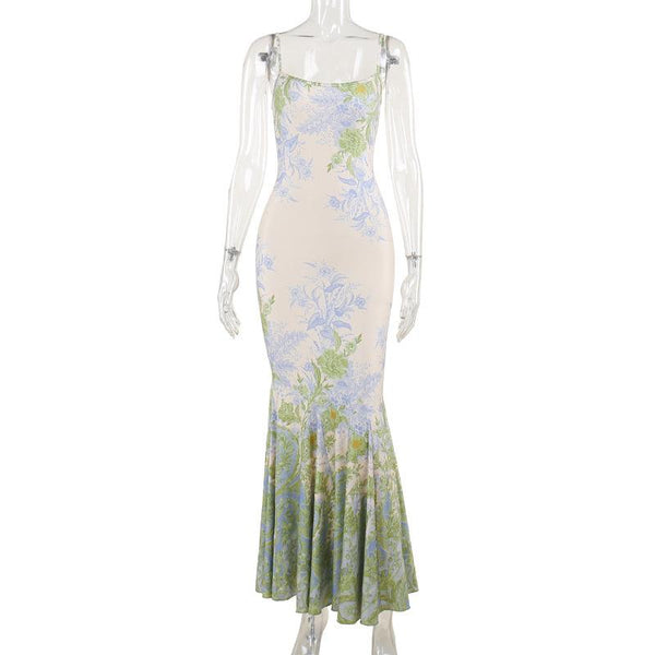 U neck flower print contrast cami maxi dress