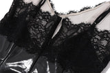 Lace hem v neck PU leather zip-up mini dress