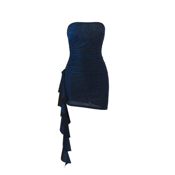 Mini-robe tube dos nu irrégulière à volants et froncés 