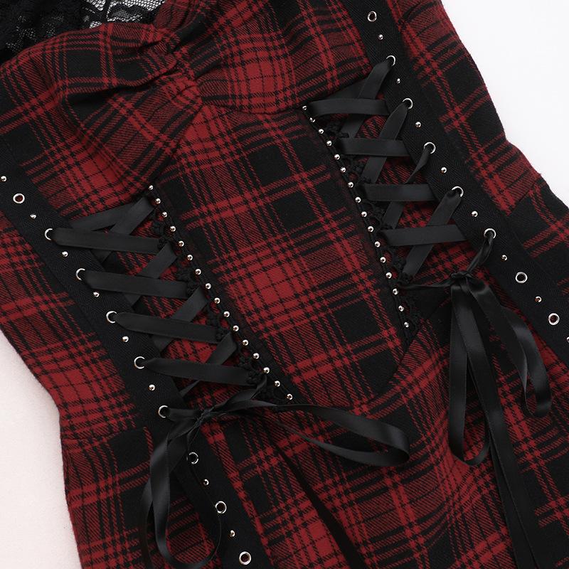 Hollow out plaid print lace up lace slit midi dress