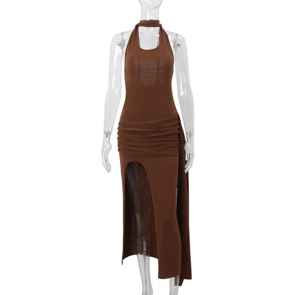 Robe midi froncée en maille irrégulière à fente dos nu 