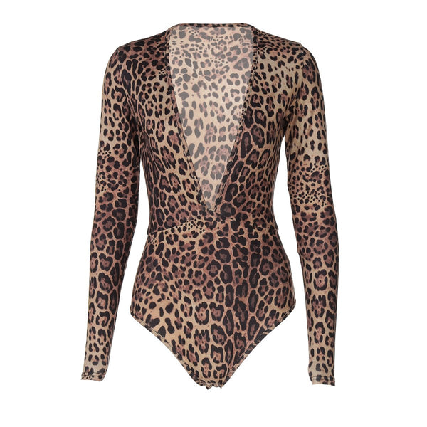 Body con botones, manga larga y escote en V profundo con estampado de leopardo 