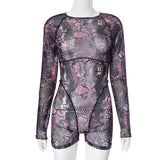 Long sleeve sheer mesh snakeskin print stitch romper