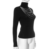 Long sleeve high neck beaded print contrast top
