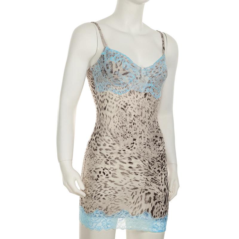 Leopard print v neck lace hem cami mini dress