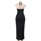 Vestido largo sin espalda con parches de malla y lazo tipo halter 