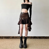 Irregular ruffle PU leather buckle mini skirt