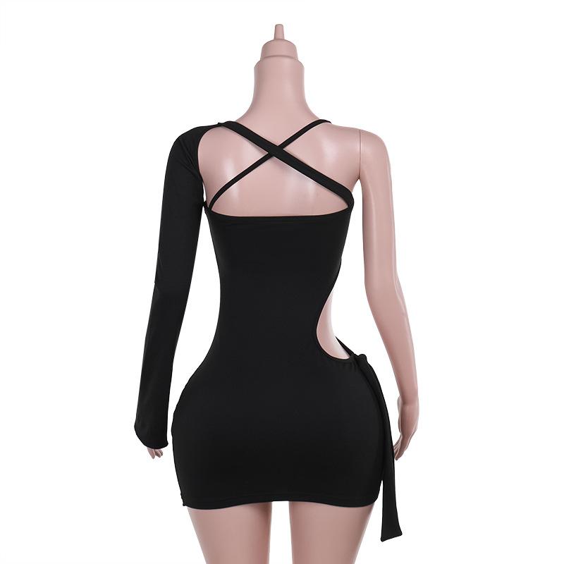 Irregular long sleeve hollow out o ring mini dress