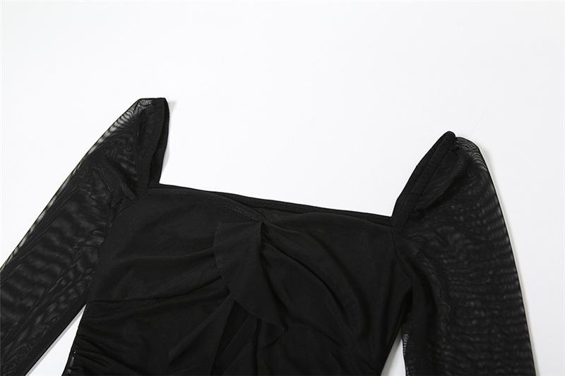 Long flared sleeve irregular mesh ruched mini dress
