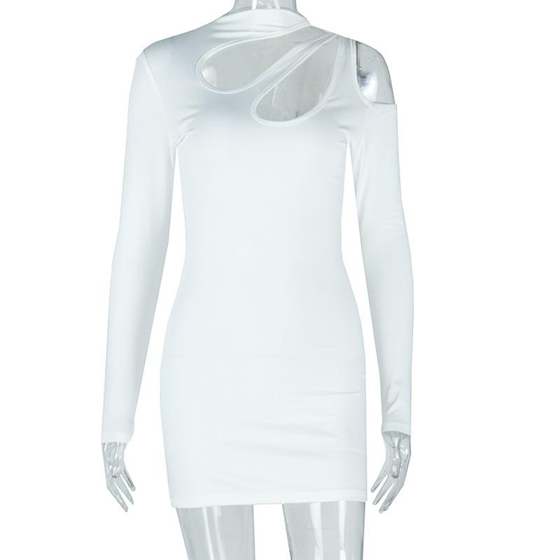 Long sleeve hollow out irregular solid mini dress