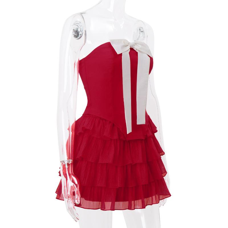 Ensemble de mini-jupe tube à lacets et volants froncés avec nœud papillon 