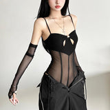 Gloves mesh hollow out button corset cami bodysuit