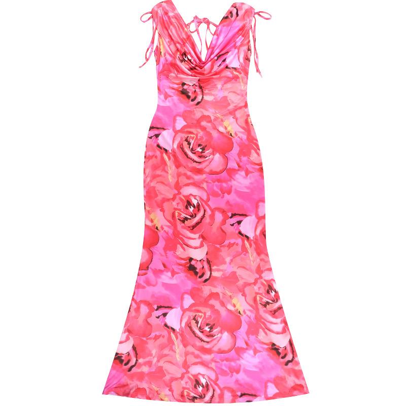 Robe longue dos nu à imprimé fleuri et col bénitier 