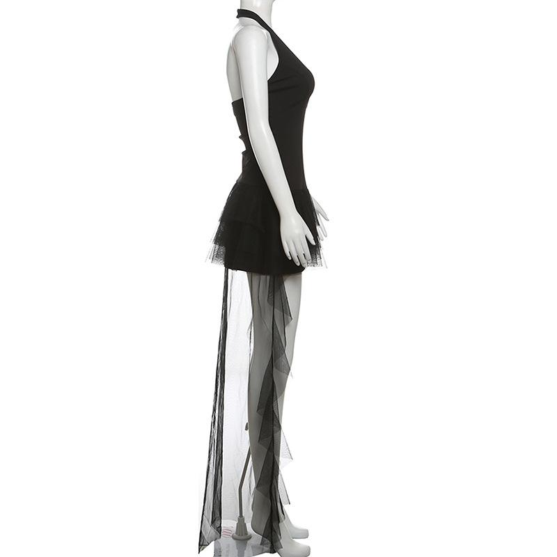 Halter hollow out ruffle mesh backless mini dress