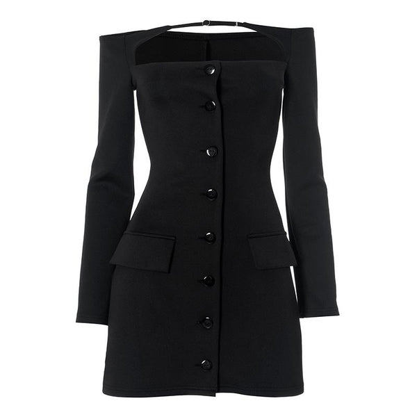 Mini-robe boutonnée à manches longues et épaules dénudées 