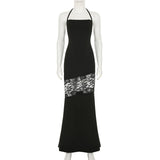 Robe longue fendue en dentelle à col carré et à nouer soi-même 