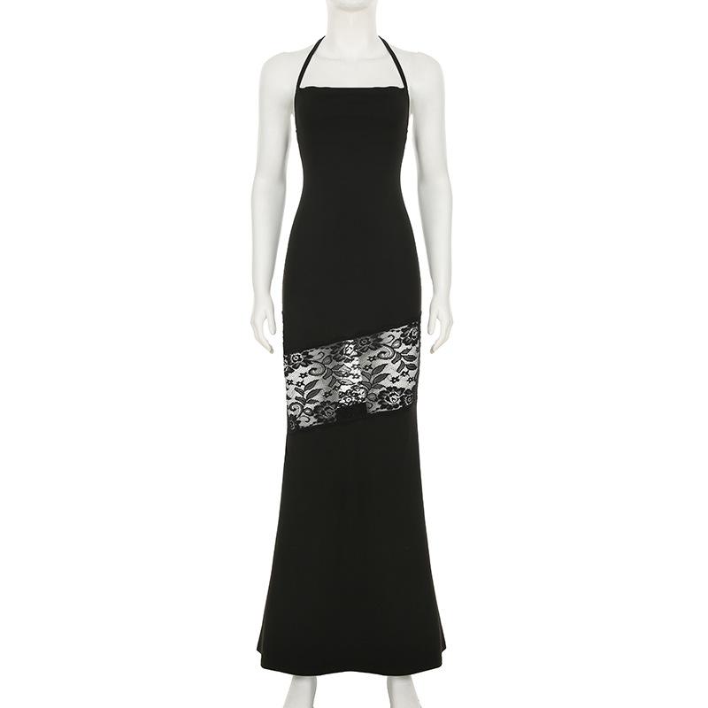 Robe longue fendue en dentelle à col carré et à nouer soi-même 