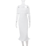Off shoulder ruffle ribbed solid tube midi dress