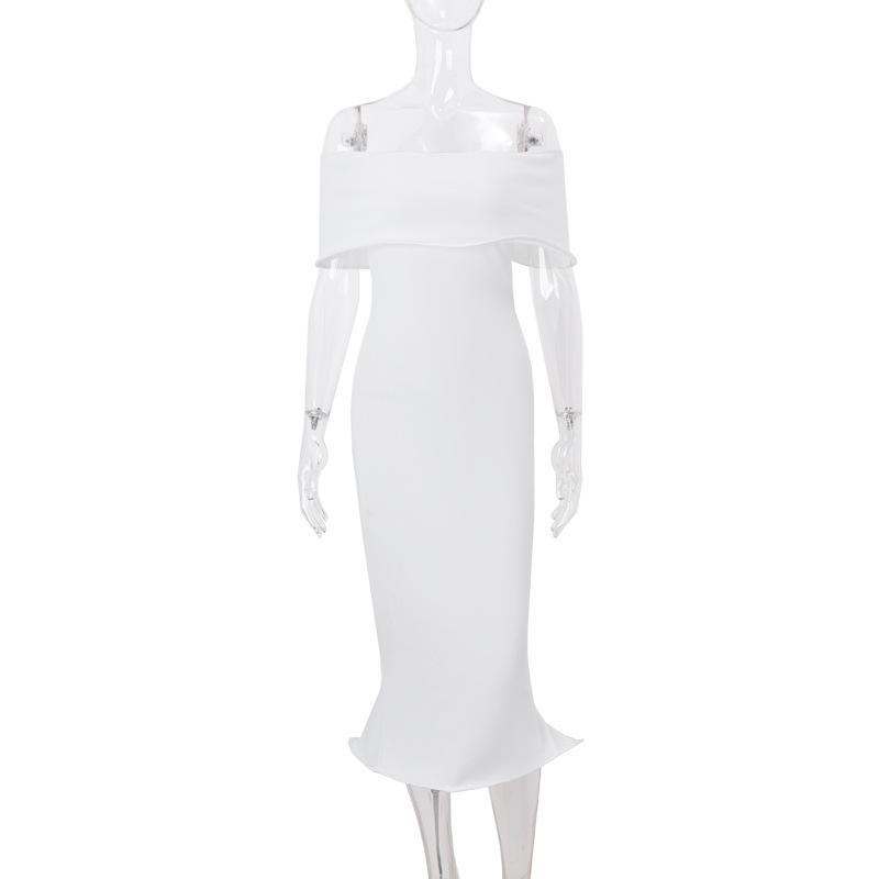 Off shoulder ruffle ribbed solid tube midi dress