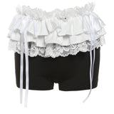 Lace hem ruched bowknot ribbon short pant