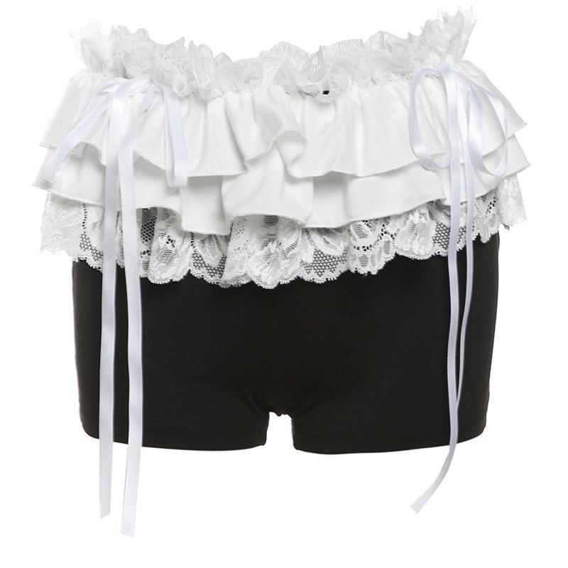 Lace hem ruched bowknot ribbon short pant