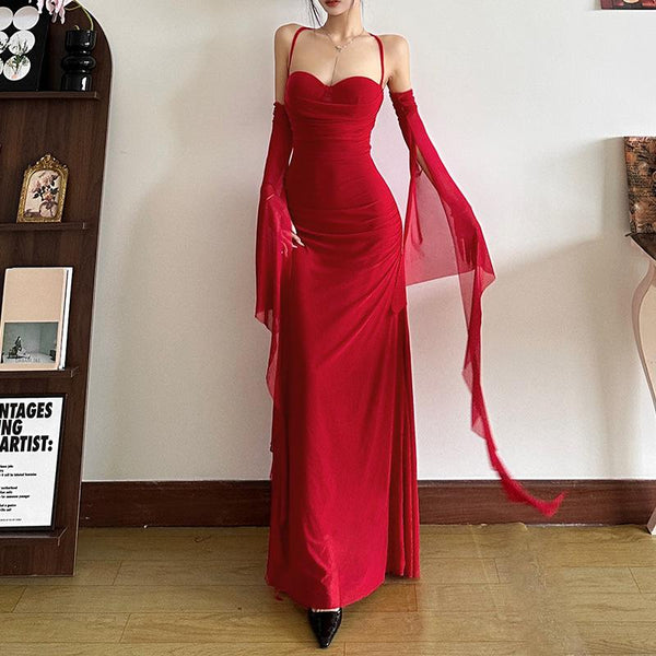Robe longue en maille à fronces et dos croisé 