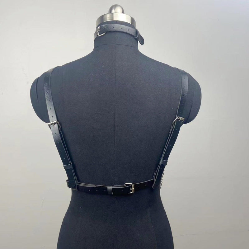 O ring halter PU leather metal chain harness top