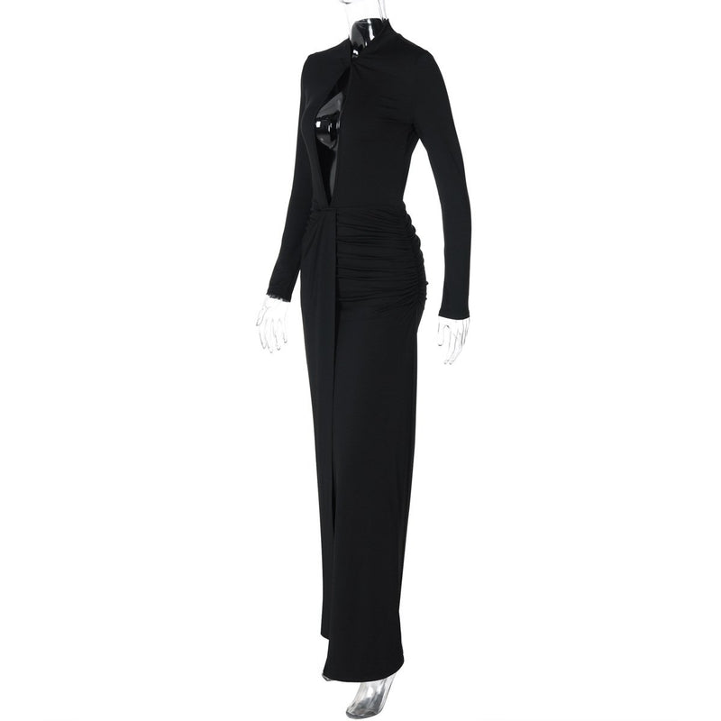 Long sleeve hollow out high slit ruched maxi dress