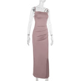 Robe longue à bretelles froncées et col carré uni 
