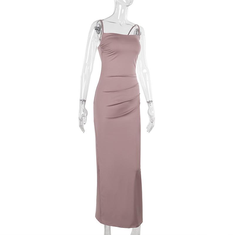 Robe longue à bretelles froncées et col carré uni 