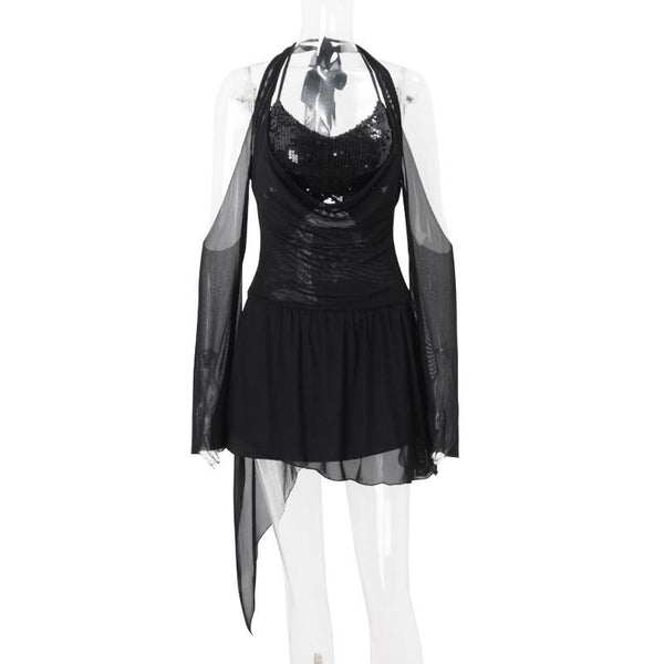 Vestido mini de manga larga con cuello en V, lazo y halter con purpurina 