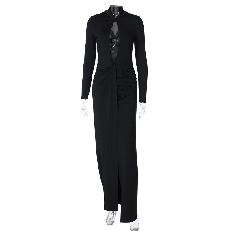Long sleeve hollow out high slit ruched maxi dress