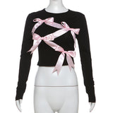 Long sleeve bowknot crewneck applique crop top