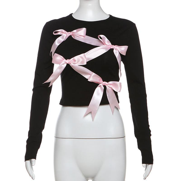 Long sleeve bowknot crewneck applique crop top