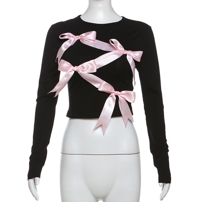 Long sleeve bowknot crewneck applique crop top