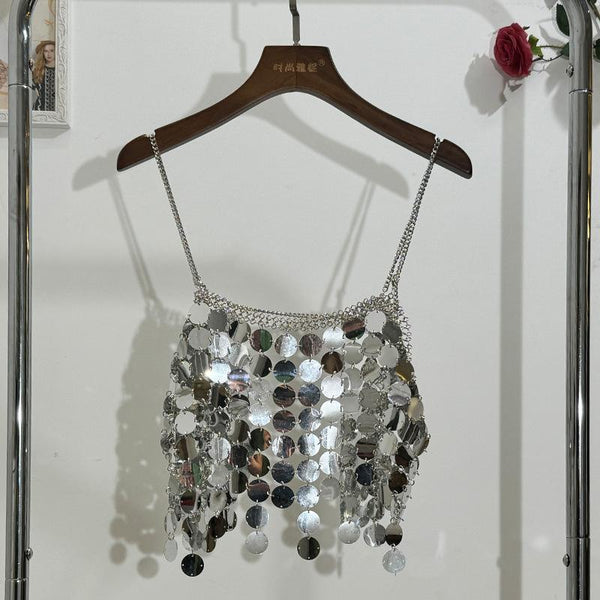 Top camisola con cuello cuadrado calado y cadena de metal brillante 