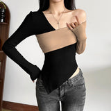 Long sleeve irregular one shoulder contrast top