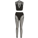 Ensemble pantalon taille moyenne en maille ajourée à col ras du cou 