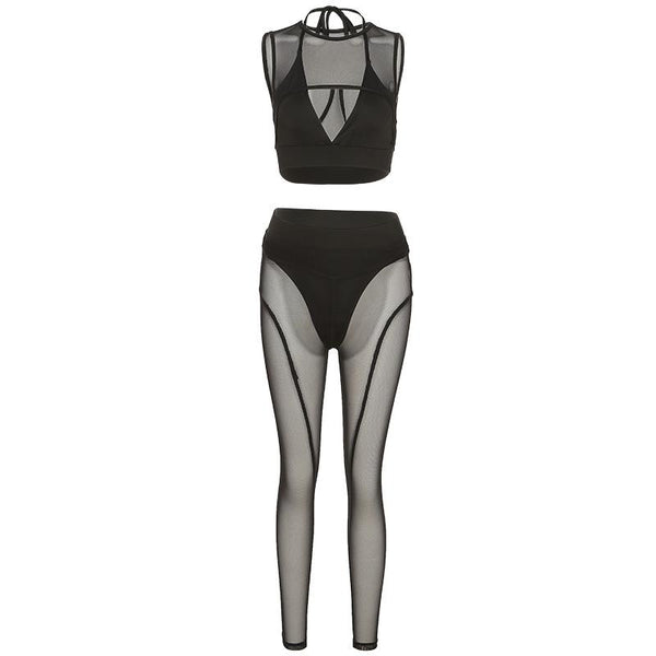 Ensemble pantalon taille moyenne en maille ajourée à col ras du cou 
