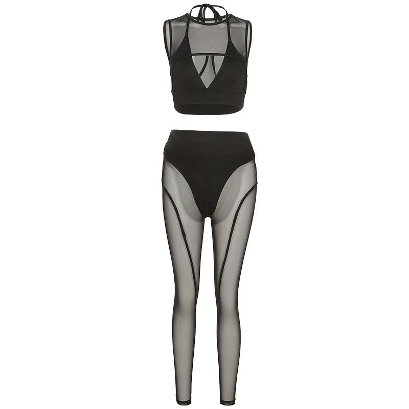 Ensemble pantalon taille moyenne en maille ajourée à col ras du cou 