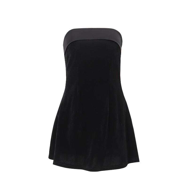 Zip-up slit velvet backless solid tube mini dress