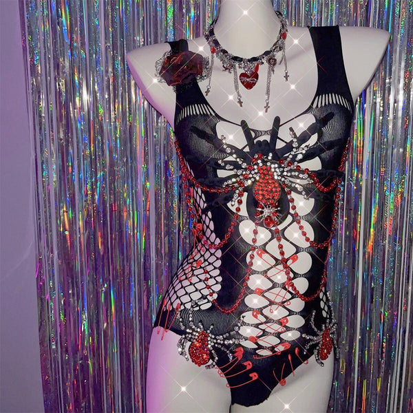 Hollow out beaded spider applique u neck bodysuit