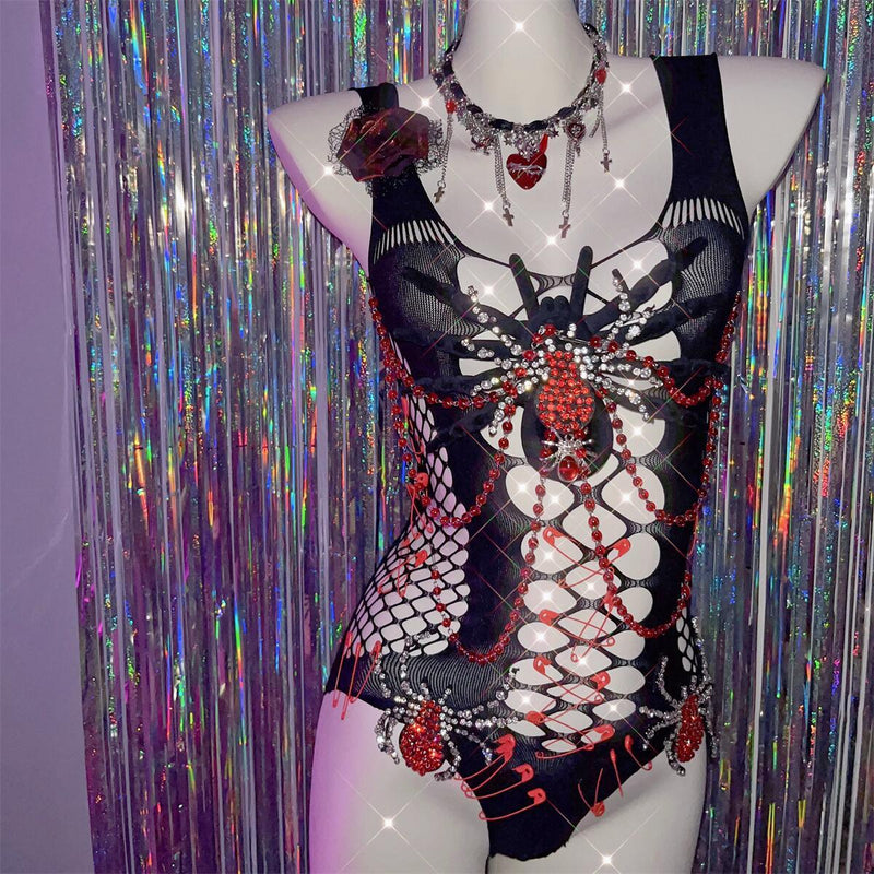 Body à col en U avec appliques en perles ajourées en forme d'araignée 