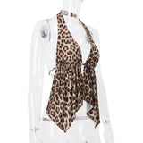 Top con cuello halter, espalda descubierta y lazo con estampado de leopardo 