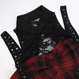 Hollow out plaid print lace up lace slit midi dress