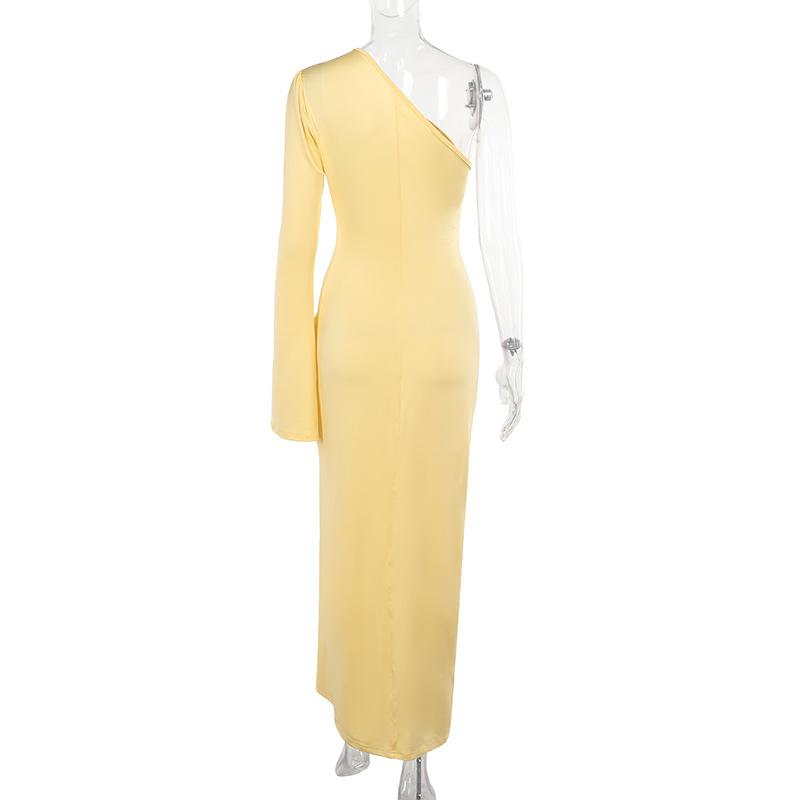 Irregular high slit flower applique long sleeve maxi dress