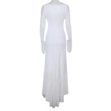 Hollow out long sleeve ruched ruffle mesh maxi dress