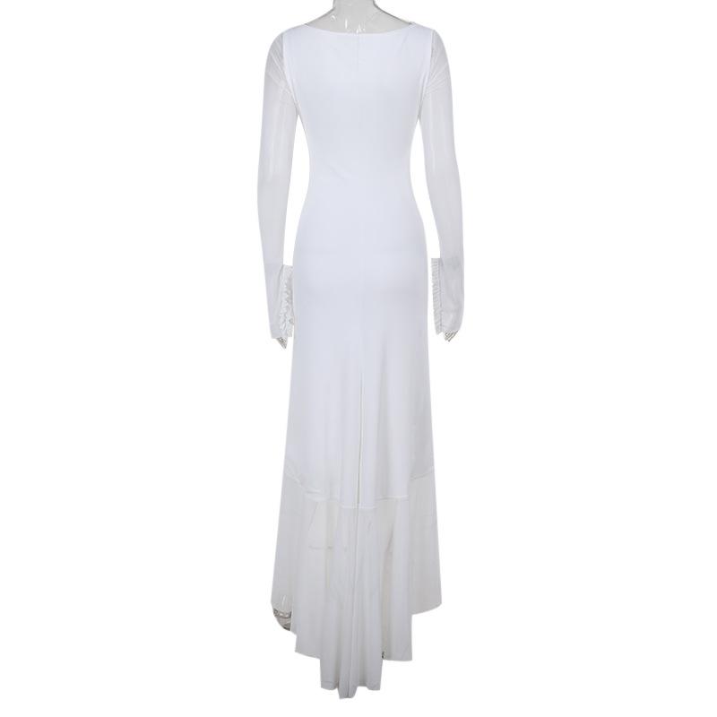 Hollow out long sleeve ruched ruffle mesh maxi dress