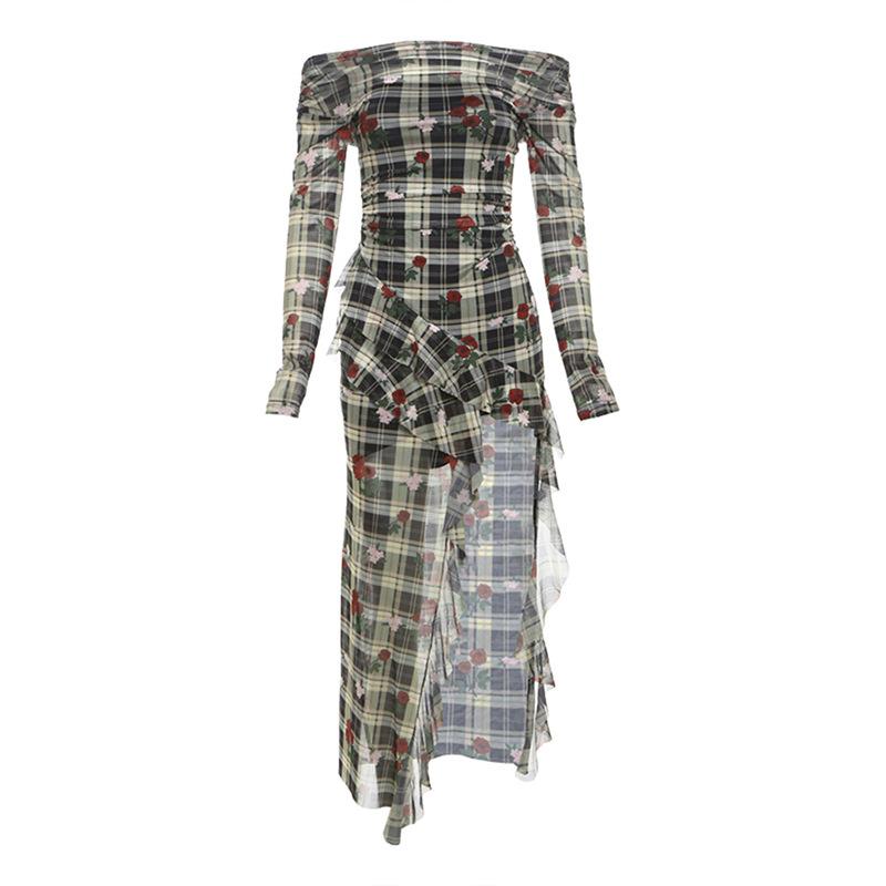 Robe midi à volants et manches longues, épaules dénudées, imprimé floral 