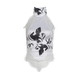 Halter button lace hem print backless top